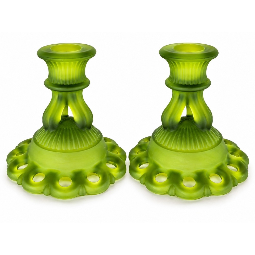 Vintage Westmoreland Doric Green Satin Mist Candlesticks Pair Open Lace 1960s